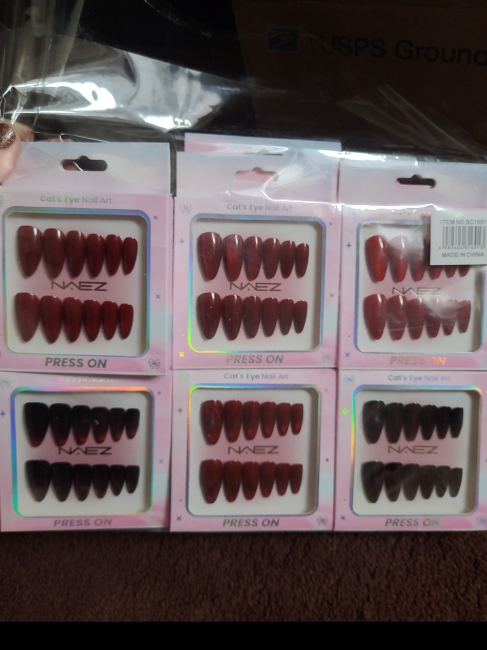 6 Pack Of Of 12 Nails Each -Press-On Cat's Eye Nail Set – Red Shades